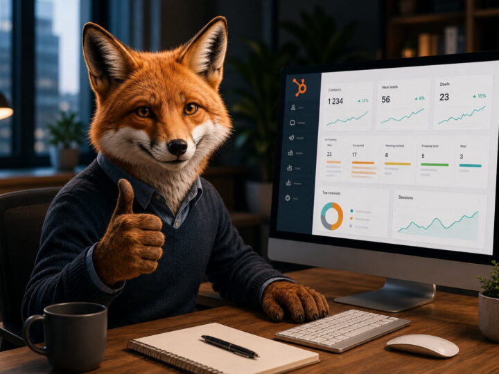 Räv som sitter framför datorn och förklarar hur HubSpot fungerar?