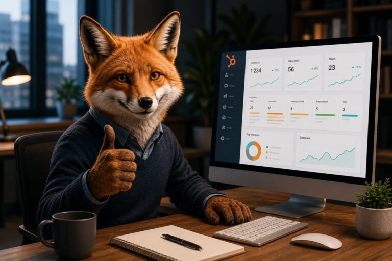 Räv som sitter framför datorn och förklarar hur HubSpot fungerar?